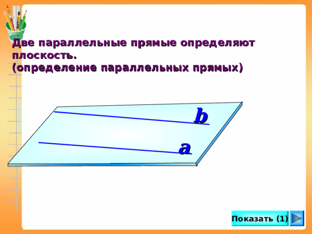 Две параллельные прямые определяют плоскость. (определение параллельных прямых) b a Показать (1) 6 