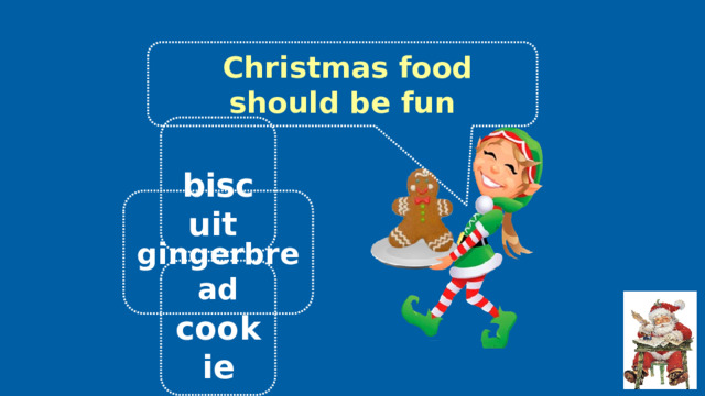  Christmas food should be fun  biscuit  gingerbread Щелчком по верному ответу выводится выноска с текстом, переход на следующий слайд щелчком по кнопке-снежинке.  cookie 3 