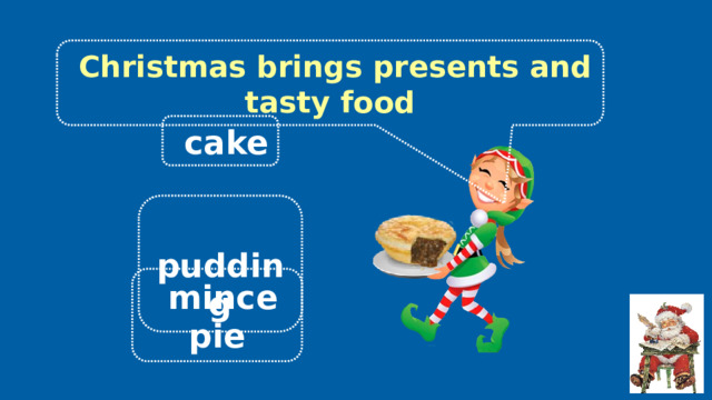  Christmas brings presents and tasty food  cake  pudding Щелчком по верному ответу выводится выноска с текстом, переход на следующий слайд - щелчком по кнопке-снежинке.  mince pie 3 