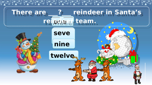 There are ___?___ reindeer in Santa’s reindeer team.   one seven nine twelve Аналогично предыдущему слайду. 3 