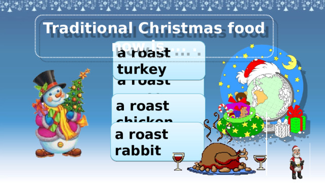 Traditional Christmas food now is ... . a roast turkey a roast goose a roast chicken Аналогично предыдущему слайду. a roast rabbit 3 