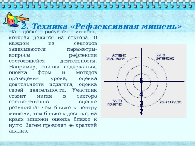 2. Техника «Рефлексивная мишень»   На доске рисуется мишень, которая делится на сектора. В каждом из секторов записываются параметры- вопросы рефлексии состоявшейся деятельности. Например, оценка содержания, оценка форм и методов проведения урока, оценка деятельности педагога, оценка своей деятельности. Участник ставит метки в сектора соответственно оценке результата: чем ближе к центру мишени, тем ближе к десятке, на краях мишени оценка ближе к нулю. Затем проводят её краткий анализ. 