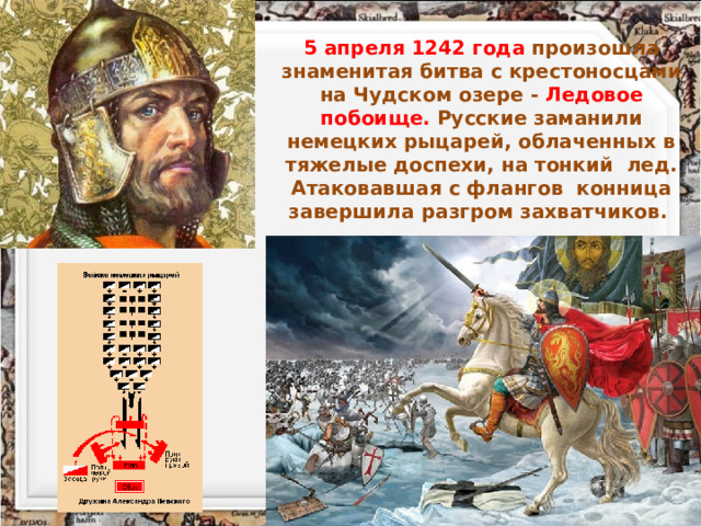 5 апреля 1242 года произошла знаменитая битва с крестоносцами на Чудском озере - Ледовое побоище. Русские заманили немецких рыцарей, облаченных в тяжелые доспехи, на тонкий лед. Атаковавшая с флангов конница завершила разгром захватчиков. 