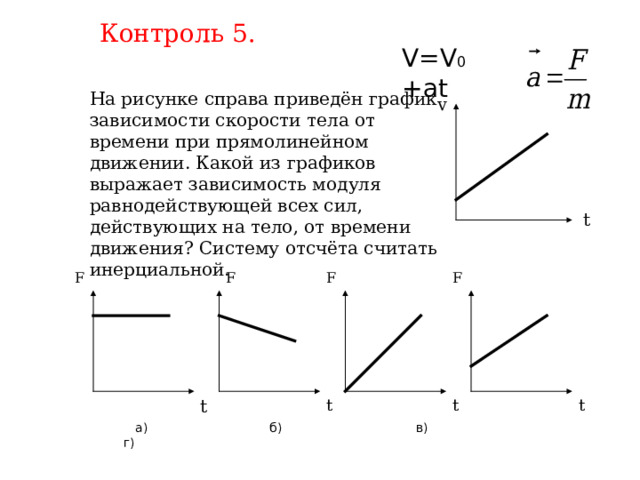 Контроль 5. V=V 0 +at На рисунке справа приведён график зависимости скорости тела от времени при прямолинейном движении. Какой из графиков выражает зависимость модуля равнодействующей всех сил, действующих на тело, от времени движения? Систему отсчёта считать инерциальной. v t F F F F t t t t  а) б) в) г) 