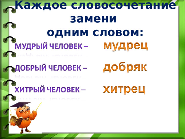 Каждое словосочетание замени  одним словом: 