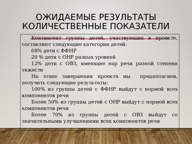 Ожидаемые результаты  Количественные показатели   Контингент группы детей, участвующих в проекте, составляют следующие категории детей: 68% дети с ФФНР 20 % дети с ОНР разных уровней 12% дети с ОВЗ, имеющие нар речи разной степени тяжести На этапе завершения проекта мы предполагаем, получить следующие результаты: 100% из группы детей с ФФНР выйдут с нормой всех компонентов речи Более 50% из группы детей с ОНР выйдут с нормой всех компонентов речи Более 70% из группы детей с ОВЗ выйдут со значительными улучшениями всех компонентов речи   