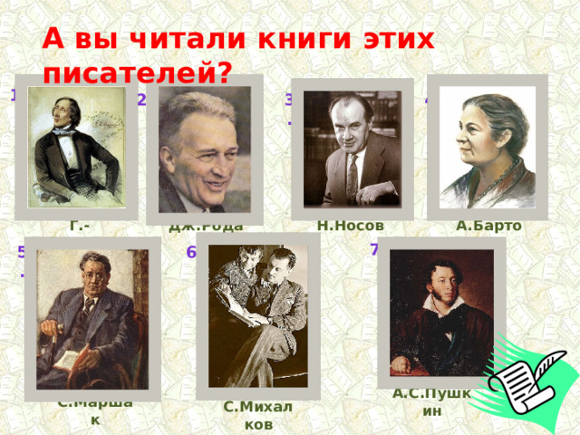 А вы читали книги этих писателей? 1. 4. 2. 3. Дж.Родари Г.-Х.Андерсен Н.Носов А.Барто 7. 6. 5. А.С.Пушкин С.Маршак С.Михалков 