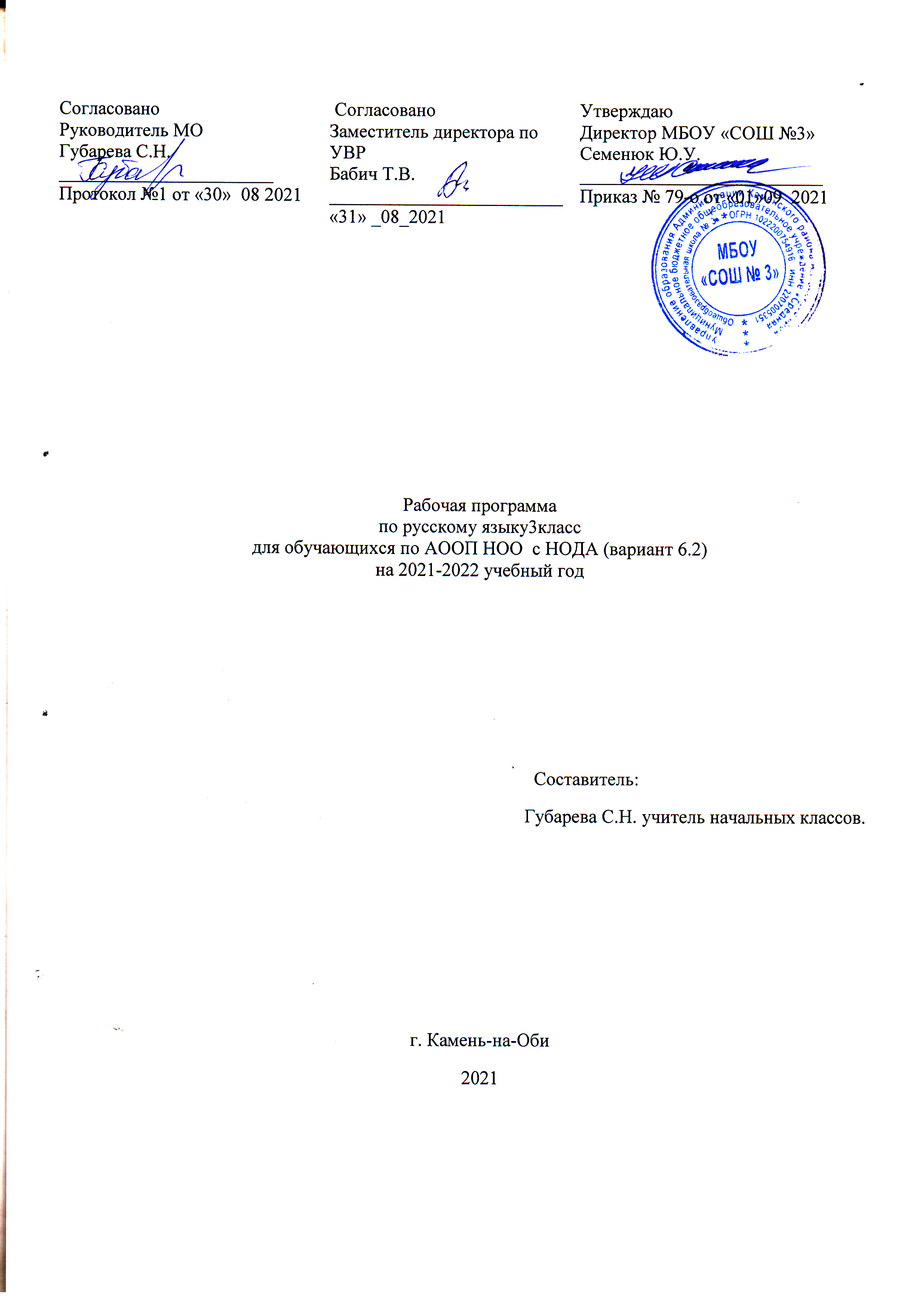 Рабочая программа по русскому языку под редакцией Канакиной, В.Г.  Горецкого, - для обучающихся по АООП НОО с НОДА (вариант 6.2)