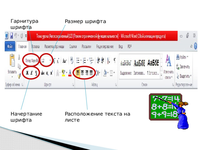Гарнитура шрифта Размер шрифта Начертание шрифта Расположение текста на листе 