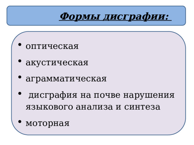  Формы дисграфии: оптическая акустическая аграмматическая  дисграфия на почве нарушения языкового анализа и синтеза моторная 