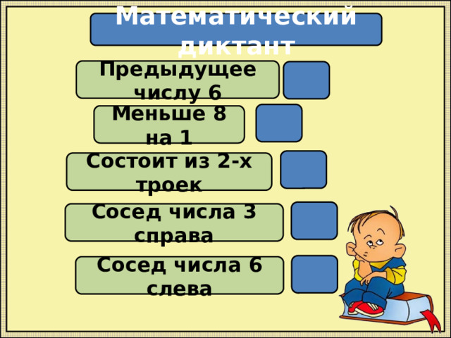 Математический диктант Предыдущее числу 6   Меньше 8 на 1  Состоит из 2-х троек  Сосед числа 3 справа  Сосед числа 6 слева 