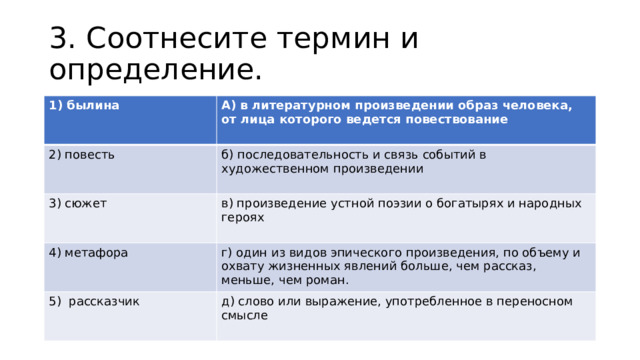 3. Соотнесите термин и определение. 1) былина А) в литературном произведении образ человека, от лица которого ведется повествование 2) повесть б) последовательность и связь событий в художественном произведении 3) сюжет в) произведение устной поэзии о богатырях и народных героях 4) метафора г) один из видов эпического произведения, по объему и охвату жизненных явлений больше, чем рассказ, меньше, чем роман. 5) рассказчик д) слово или выражение, употребленное в переносном смысле 