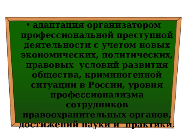 адаптация организатором профессиональной преступной дея­тельности с учетом новых экономических, политических, правовых условий развития общества, криминогенной ситуации в России, уровня профессионализма сотрудников правоохранительных органов, достижений науки и практики. 