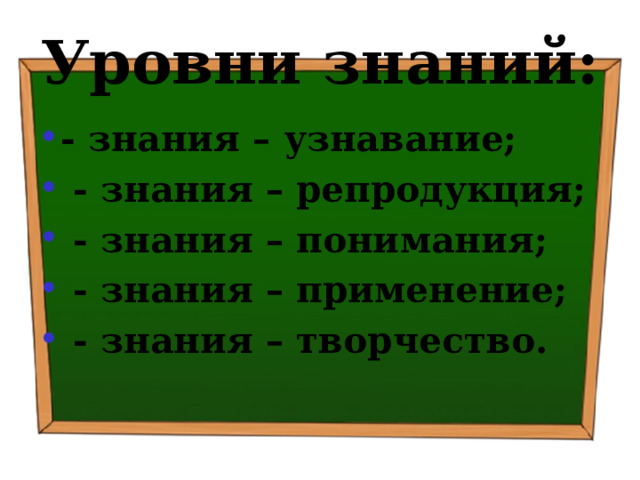 Уровни знаний: - знания – узнавание;  - знания – репродукция;  - знания – понимания;  - знания – применение;  - знания – творчество. 