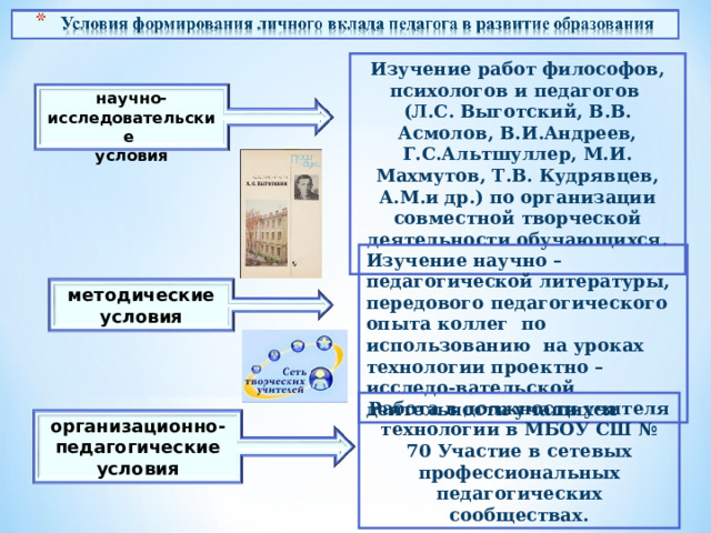 Изучение работ философов, психологов и педагогов (Л.С. Выготский, В.В. Асмолов, В.И.Андреев, Г.С.Альтшуллер, М.И. Махмутов, Т.В. Кудрявцев, А.М.и др.) по организации совместной творческой деятельности обучающихся.  научно-исследовательские условия Изучение научно – педагогической литературы, передового педагогического опыта коллег по использованию на уроках технологии проектно – исследо-вательской деятельности учащихся методические условия Работа в должности учителя технологии в МБОУ СШ № 70 Участие в сетевых профессиональных педагогических сообществах. организационно-педагогические условия 