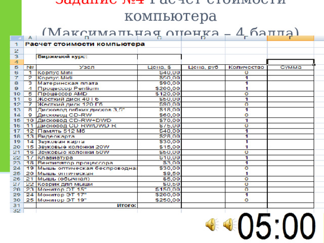 Задание №4 Расчет стоимости компьютера  (Максимальная оценка – 4 балла) 