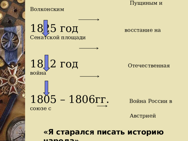 1857 год встреча с декабристами  Пущиным и Волконским 1825 год восстание на Сенатской площади 1812 год Отечественная война 1805 – 1806гг. Война России в союзе с  Австрией «Я старался писать историю народа» 