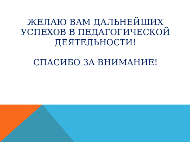 ЖЕЛАЮ ВАМ ДАЛЬНЕЙШИХ УСПЕХОВ В ПЕДАГОГИЧЕСКОЙ ДЕЯТЕЛЬНОСТИ!   СПАСИБО ЗА ВНИМАНИЕ!     