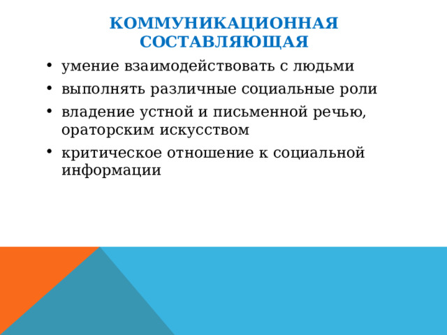 КОММУНИКАЦИОННАЯ СОСТАВЛЯЮЩАЯ умение взаимодействовать с людьми выполнять различные социальные роли владение устной и письменной речью, ораторским искусством критическое отношение к социальной информации 