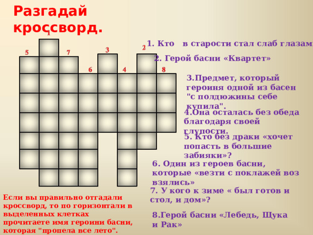 Разгадай кроссворд. 1. Кто в старости стал слаб глазами? 2. Герой басни «Квартет» 3.Предмет, который героиня одной из басен 