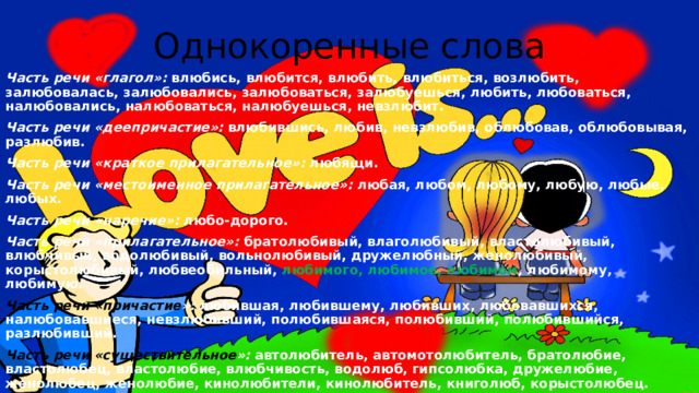 Однокоренные слова Часть речи «глагол»:  влюбись, влюбится, влюбить, влюбиться, возлюбить, залюбовалась, залюбовались, залюбоваться, залюбуешься, любить, любоваться, налюбовались, налюбоваться, налюбуешься, невзлюбит. Часть речи «деепричастие»:  влюбившись, любив, невзлюбив, облюбовав, облюбовывая, разлюбив. Часть речи «краткое прилагательное»:  любящи. Часть речи «местоименное прилагательное»:  любая, любом, любому, любую, любые, любых. Часть речи «наречие»:  любо-дорого. Часть речи «прилагательное»:  братолюбивый, влаголюбивый, властолюбивый, влюбчивый, водолюбивый, вольнолюбивый, дружелюбный, женолюбивый, корыстолюбивый, любвеобильный, любимого, любимое, любимом , любимому, любимую. Часть речи «причастие »:  любившая, любившему, любивших, любовавшихся, налюбовавшиеся, невзлюбивший, полюбившаяся, полюбивший, полюбившийся, разлюбивший. Часть речи «существительное »:  автолюбитель, автомотолюбитель, братолюбие, властолюбец, властолюбие, влюбчивость, водолюб, гипсолюбка, дружелюбие, женолюбец, женолюбие, кинолюбители, кинолюбитель, книголюб, корыстолюбец. 