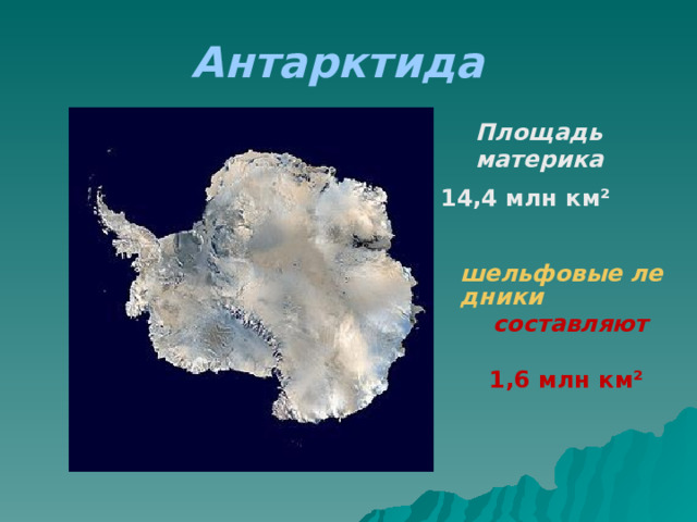 Антарктида Площадь материка 14,4 млн км²   шельфовые ледники составляют  1,6 млн км² 