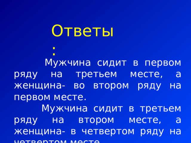 Ответы:  Мужчина сидит в первом ряду на третьем месте, а женщина- во втором ряду на первом месте.  Мужчина сидит в третьем ряду на втором месте, а женщина- в четвертом ряду на четвертом месте. 