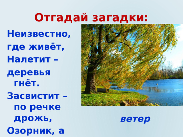 Отгадай загадки: Неизвестно, где живёт, Налетит – деревья гнёт. Засвистит – по речке дрожь, Озорник, а не уймёшь. ветер 