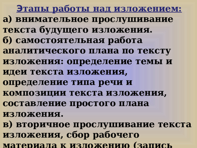 Э тапы работы над изложением: а) внимательное прослушивание текста будущего изложения. б) самостоятельная работа аналитического плана по тексту изложения: определение темы и идеи текста изложения, определение типа речи и композиции текста изложения, составление простого плана изложения. в) вторичное прослушивание текста изложения, сбор рабочего материала к изложению (запись опорных и ключевых слов согласно пунктам плана). 