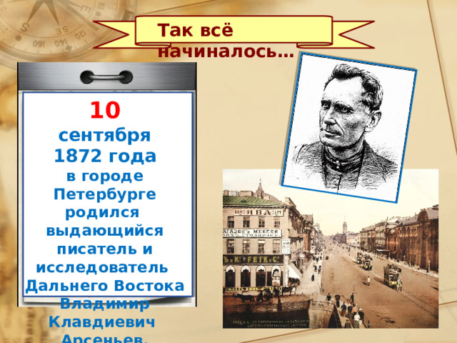Так всё начиналось… 10 сентября 1872 года в городе Петербурге родился выдающийся писатель и исследователь Дальнего Востока Владимир Клавдиевич Арсеньев. 