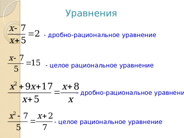 Уравнения - дробно-рациональное уравнение - целое рациональное уравнение - дробно-рациональное уравнение - целое рациональное уравнение 