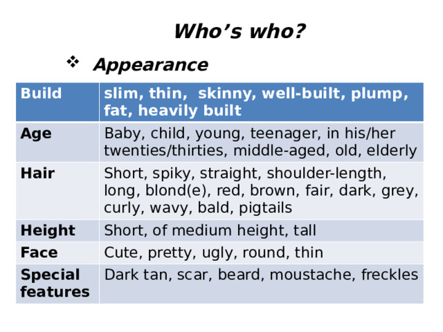  Who’s who?  Appearance Build slim, thin, skinny, well-built, plump, fat, heavily built Age Baby, child, young, teenager, in his/her twenties/thirties, middle-aged, old, elderly Hair Short, spiky, straight, shoulder-length, long, blond(e), red, brown, fair, dark, grey, curly, wavy, bald, pigtails Height Short, of medium height, tall Face Cute, pretty, ugly, round, thin Special features Dark tan, scar, beard, moustache, freckles 