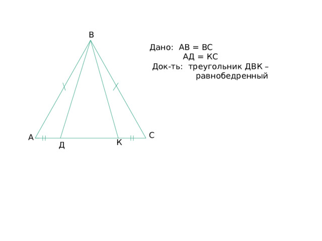 В Дано: АВ = ВС  АД = КС  Док-ть: треугольник ДВК –  равнобедренный С А К Д 