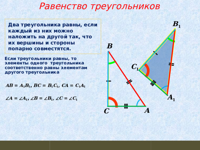Равенство треугольников  B 1 Два треугольника равны, если каждый из них можно наложить на другой так, что их вершины и стороны попарно совместятся. B Если треугольники равны, то элементы одного треугольника соответственно равны элементам другого треугольника C 1 AB = A 1 B 1 , BC = B 1 C 1 , CA = C 1 A 1 A 1  A =  A 1 ,  B =  B 1 ,  C =  C 1 A C  