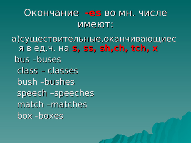 Окончание   -es  во мн. числе имеют: а)существительные,оканчивающиеся в ед.ч. на  s, ss, sh,ch, tch, x   bus –buses  class – classes  bush –bushes  speech –speeches  match –matches  box -boxes 