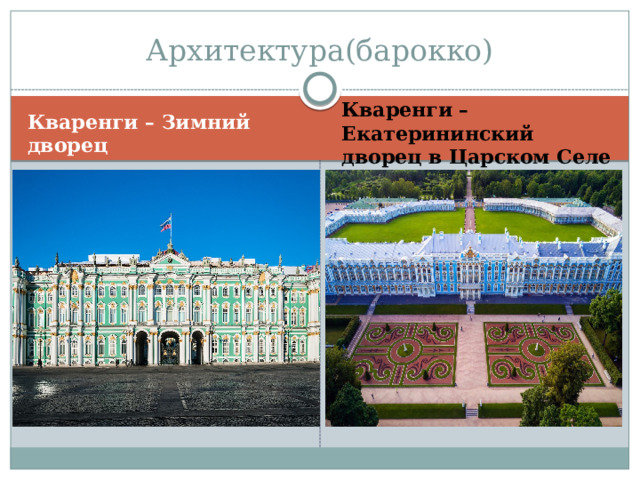 Архитектура(барокко) Кваренги – Зимний дворец Кваренги – Екатерининский дворец в Царском Селе 