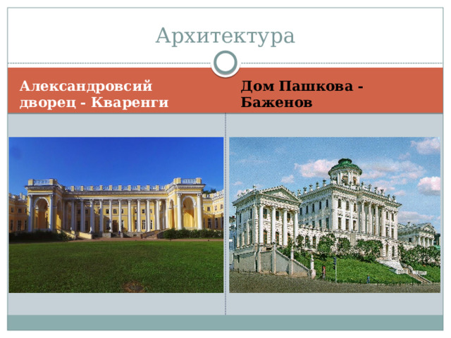 Архитектура Александровсий дворец - Кваренги Дом Пашкова - Баженов 