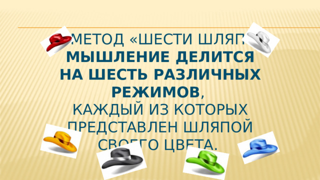  метод «Шести шляп» мышление делится на шесть различных режимов ,  каждый из которых представлен шляпой своего цвета.    