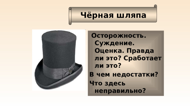 Чёрная шляпа  Осторожность. Суждение. Оценка. Правда ли это? Сработает ли это? В чем недостатки? Что здесь неправильно?  