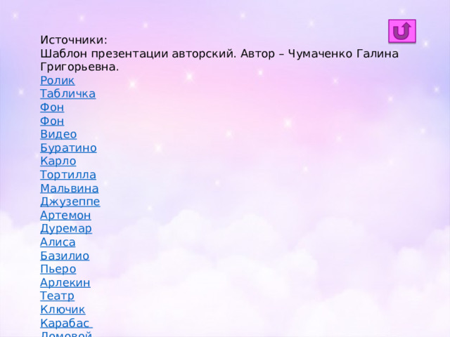 Источники: Шаблон презентации авторский. Автор – Чумаченко Галина Григорьевна. Ролик Табличка Фон Фон Видео Буратино Карло Тортилла Мальвина Джузеппе Артемон Дуремар Алиса Базилио Пьеро Арлекин Театр Ключик Карабас Домовой 