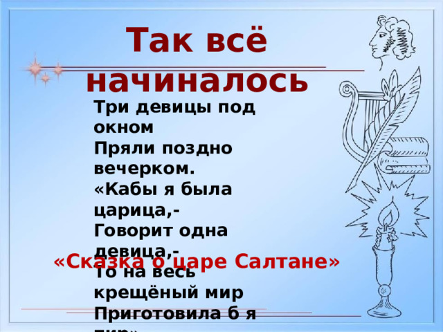 Так всё начиналось Три девицы под окном Пряли поздно вечерком. «Кабы я была царица,- Говорит одна девица,- То на весь крещёный мир Приготовила б я пир» «Сказка о царе Салтане» 