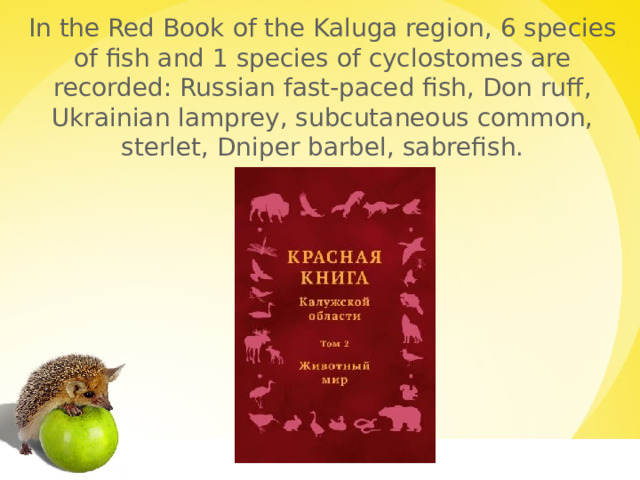 In the Red Book of the Kaluga region, 6 species of fish and 1 species of cyclostomes are recorded: Russian fast-paced fish, Don ruff, Ukrainian lamprey, subcutaneous common, sterlet, Dniper barbel, sabrefish. 