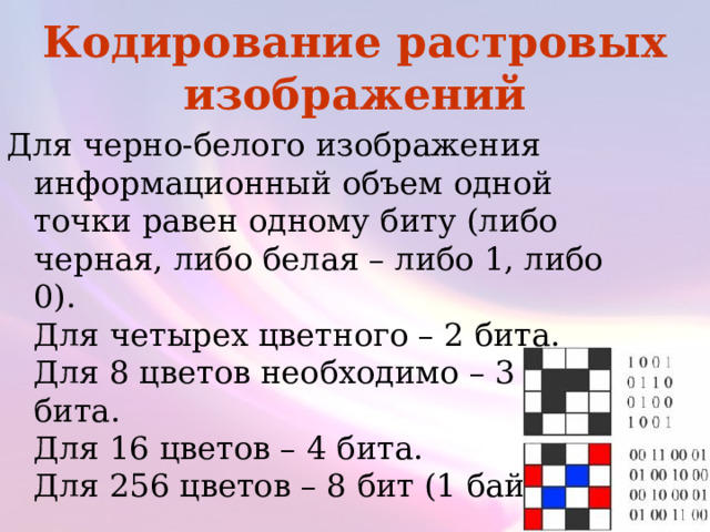Кодирование растровых изображений Для черно-белого изображения информационный объем одной точки равен одному биту (либо черная, либо белая – либо 1, либо 0).  Для четырех цветного – 2 бита.  Для 8 цветов необходимо – 3 бита.  Для 16 цветов – 4 бита.  Для 256 цветов – 8 бит (1 байт). 