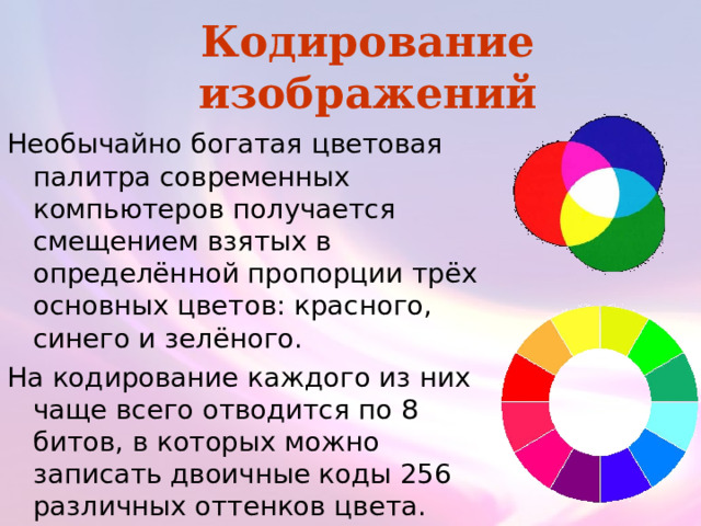 Кодирование изображений Необычайно богатая цветовая палитра современных компьютеров получается смещением взятых в определённой пропорции трёх основных цветов: красного, синего и зелёного. На кодирование каждого из них чаще всего отводится по 8 битов, в которых можно записать двоичные коды 256 различных оттенков цвета. 