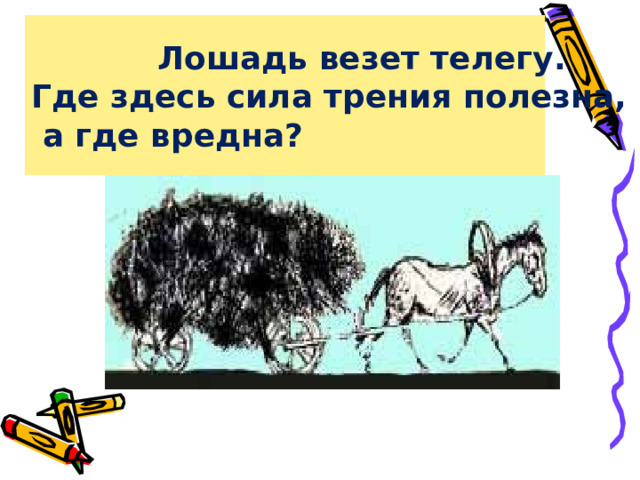  Лошадь везет телегу.  Где здесь сила трения полезна,  а где вредна? 