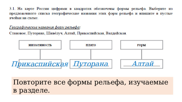 Путорана Алтай Прикаспийская Повторите все формы рельефа, изучаемые в разделе. 