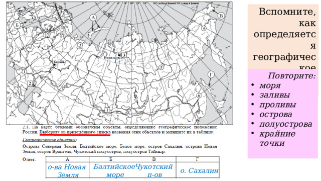 Вспомните, как определяется географическое положение страны Повторите: моря заливы проливы острова полуострова крайние точки  Балтийское Чукотский море п-ов о-ва Новая Земля о. Сахалин 