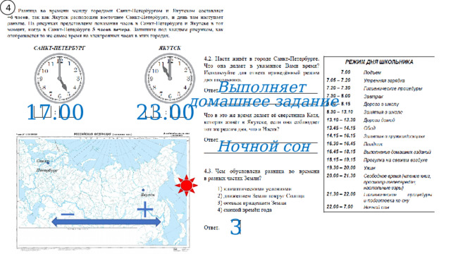 4 Выполняет домашнее задание 17.00 23.00 Ночной сон Санкт-Петербург  _ Якутск  + 3 