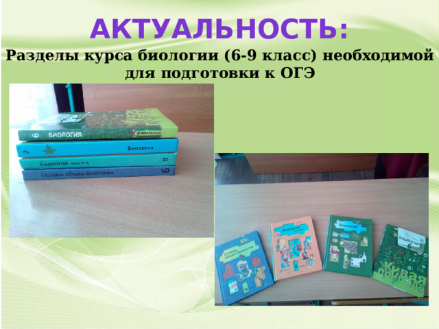 Актуальность: Разделы курса биологии (6-9 класс) необходимой для подготовки к ОГЭ 