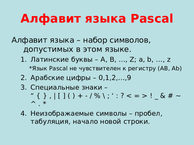 Алфавит языка Pascal Алфавит языка – набор символов, допустимых в этом языке. Латинские буквы – A, B, …, Z; a, b, …, z Латинские буквы – A, B, …, Z; a, b, …, z * Язык Pascal не чувствителен к регистру ( AB, Ab) * Язык Pascal не чувствителен к регистру ( AB, Ab) * Язык Pascal не чувствителен к регистру ( AB, Ab) Арабские цифры – 0,1,2,…,9 Специальные знаки –  “ { } , | [ ] ( ) + - / % \ ; ‘ : ?  ! _ & # ~ ^ . * Неизображаемые символы – пробел, табуляция, начало новой строки. Арабские цифры – 0,1,2,…,9 Специальные знаки –  “ { } , | [ ] ( ) + - / % \ ; ‘ : ?  ! _ & # ~ ^ . * Неизображаемые символы – пробел, табуляция, начало новой строки. 